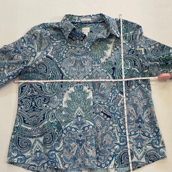 Chico's Cotton Non-Iron Blue Paisley V-Neck Button Down 3/4 Sleeve Shirt, XL - Picture 10 of 12